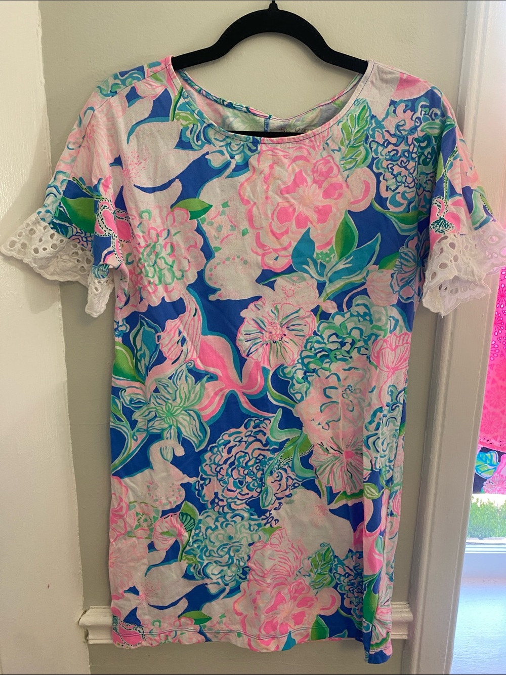 Lilly Pulitzer knit Floral Shift Dress with Eyelet Sleeves - Pink & Blue